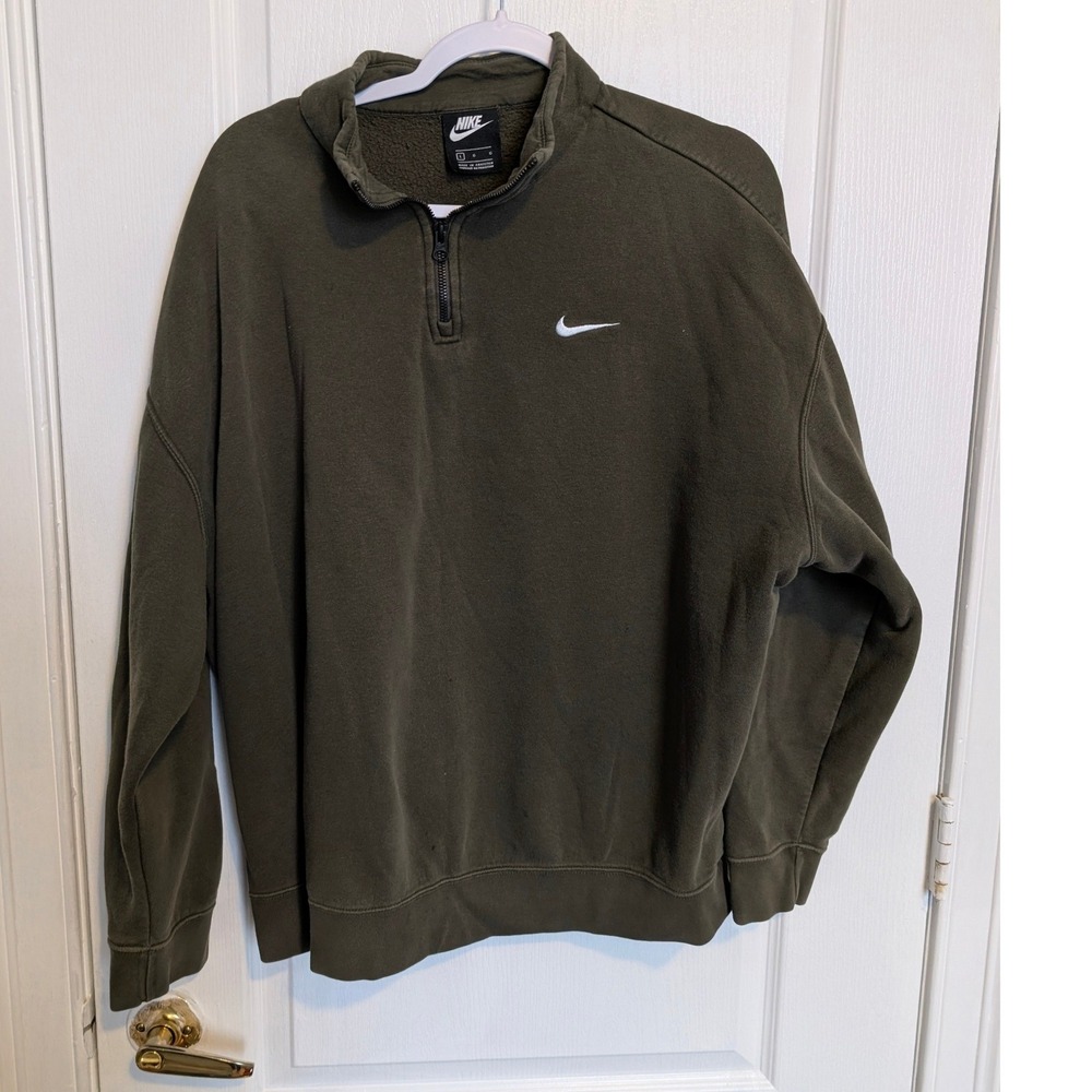 Nike Mens Quarter Zip Pullover Sweatshirt Olive Green Large Swoosh Logo